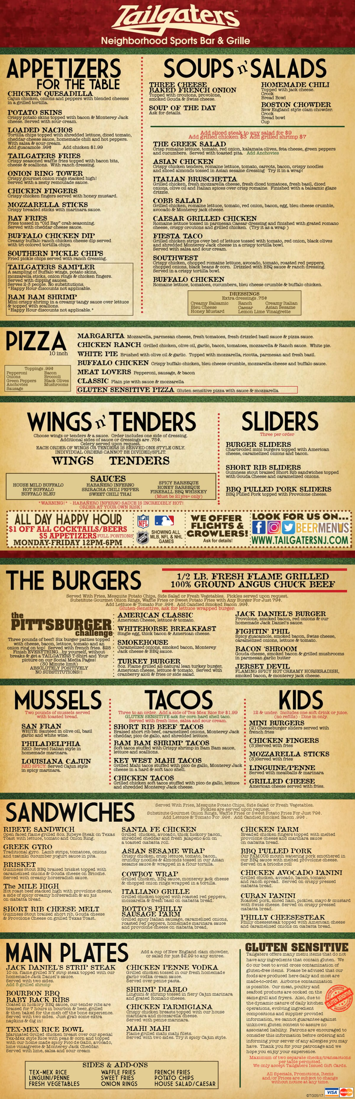 Tailgaters Sports Bar Dinner & Lunch Menu